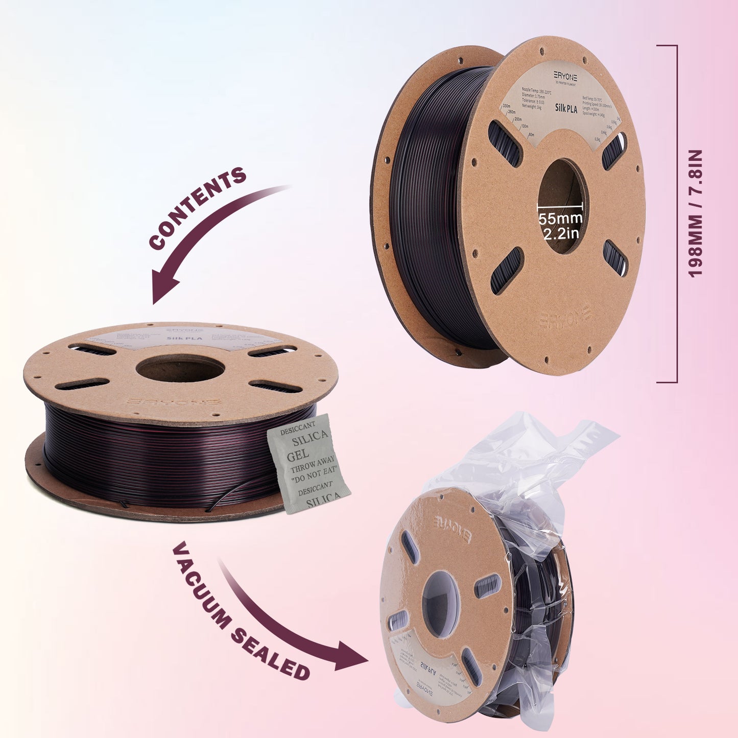 ERYONE Silk PLA Dual Color 1KG 1.75mm 3D Filament - Black & Rose Red
