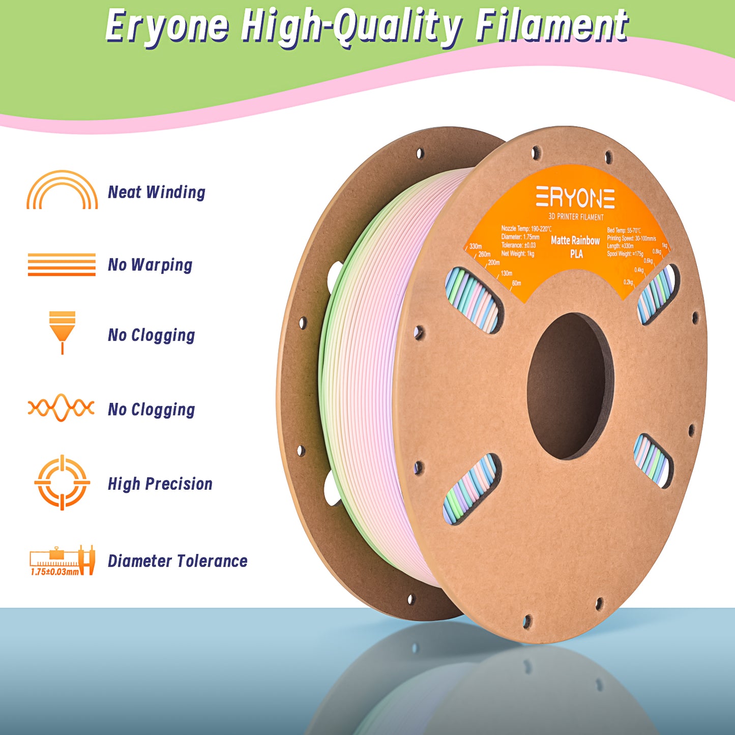 ERYONE Matte Rainbow PLA 1KG 1.75mm 3D Filament - Watercolor