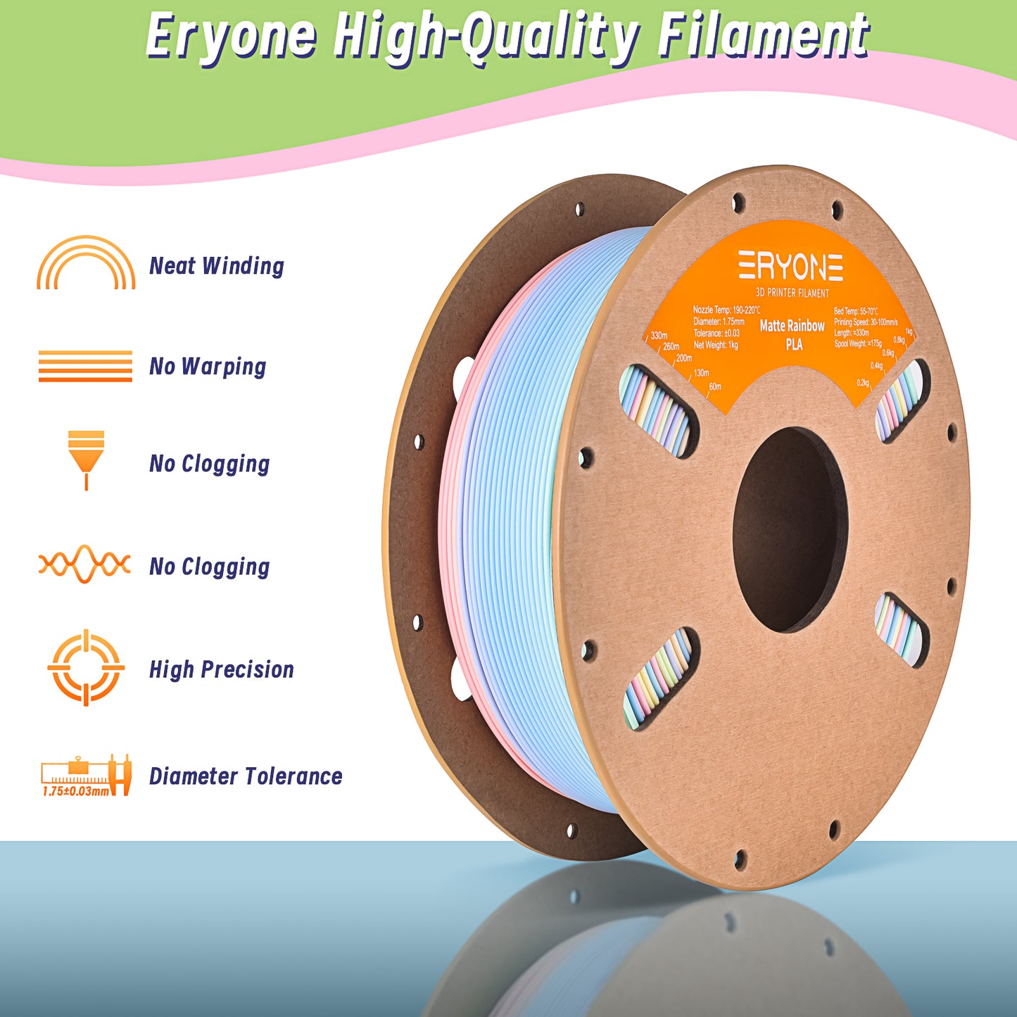 ERYONE Matte Rainbow PLA 1KG 1.75mm 3D Filament - Macaron