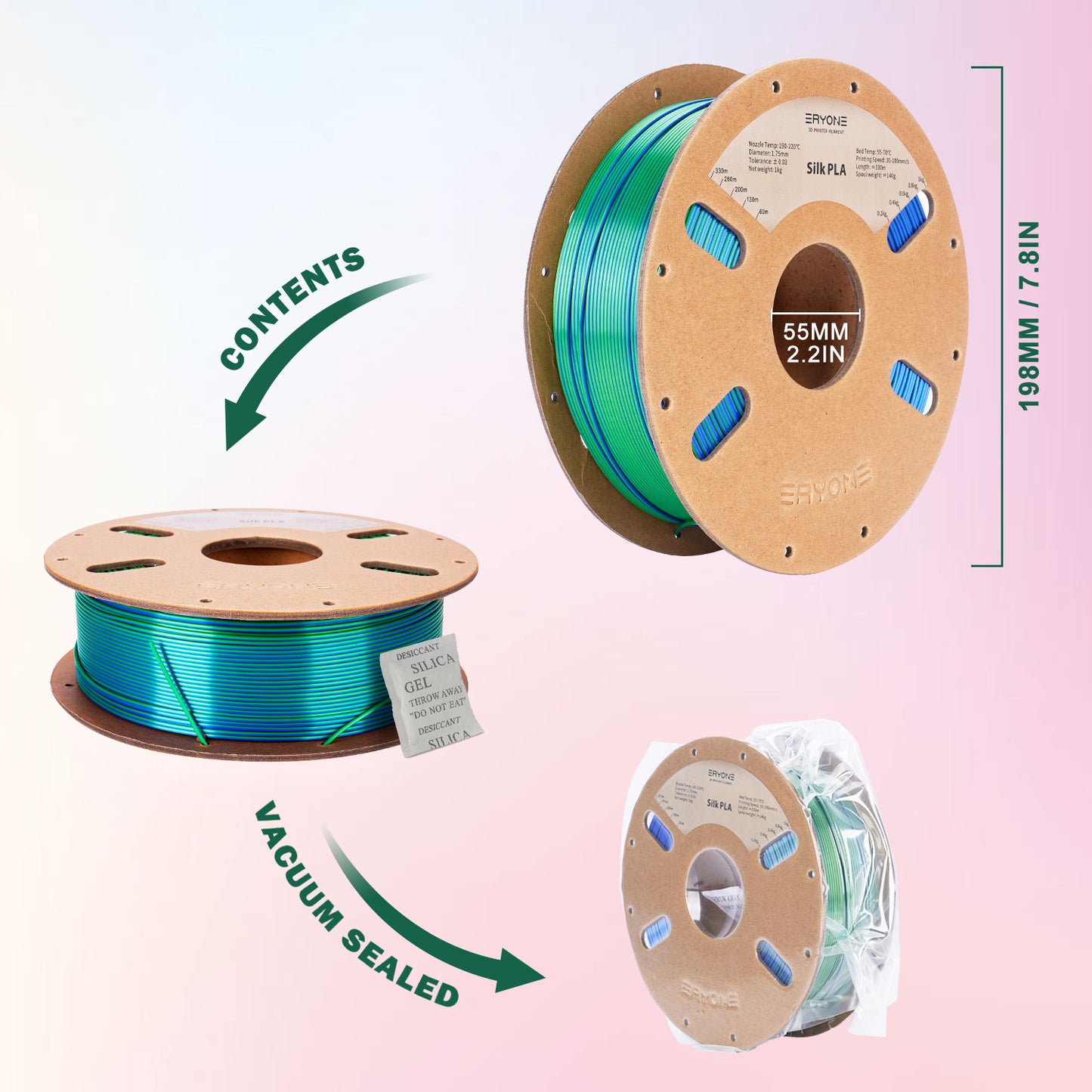 ERYONE Silk PLA Dual Color 1KG 1.75mm 3D Filament - Blue & Green