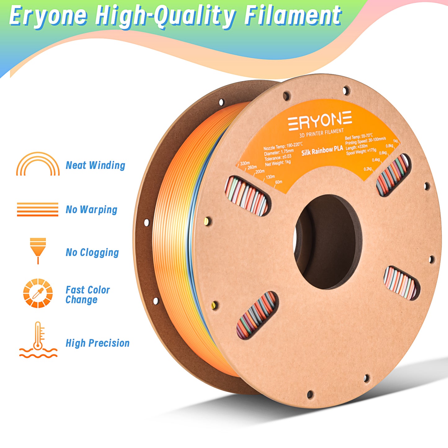 ERYONE Silk Rainbow PLA 1KG 1.75mm 3D Filament - Vibrant