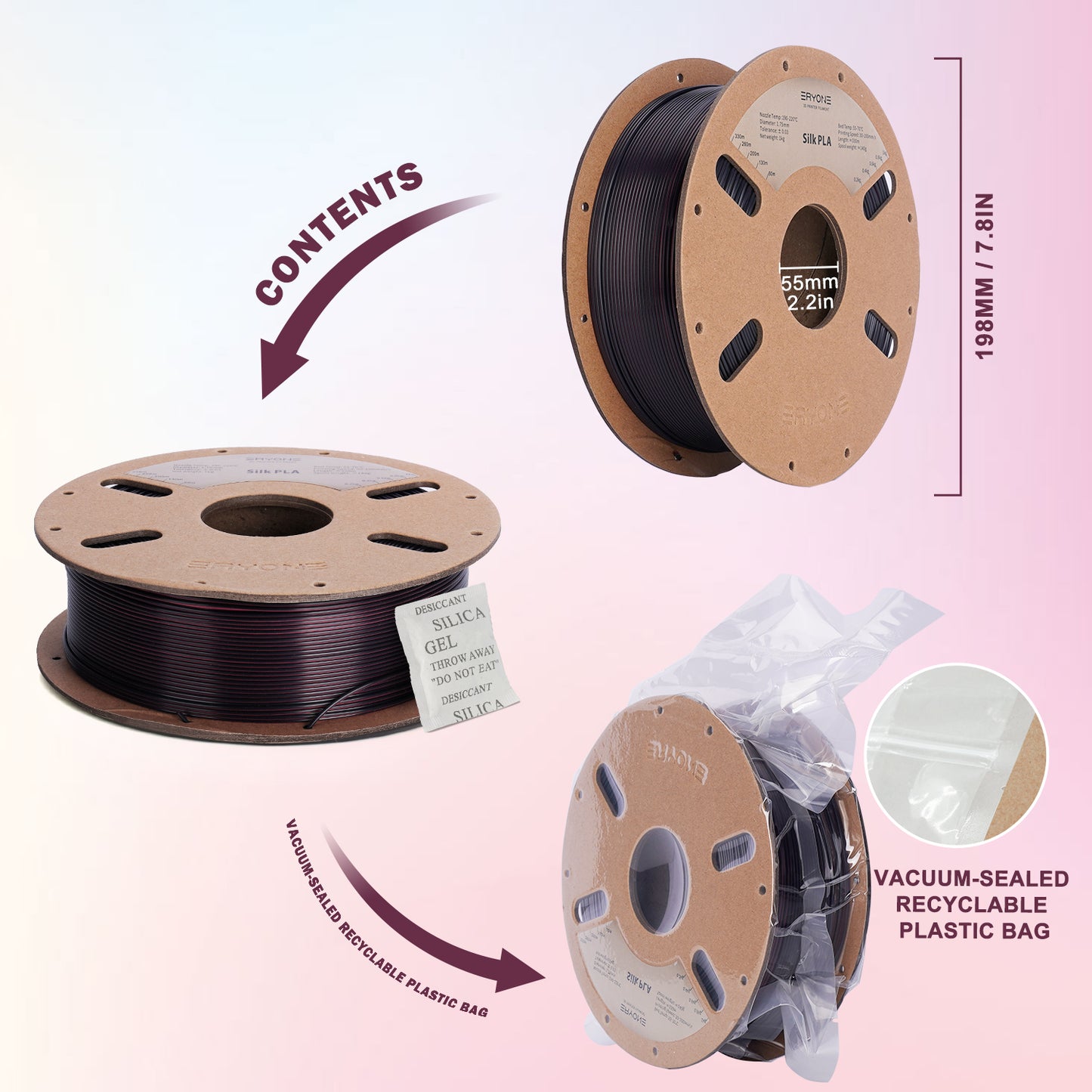 ERYONE Silk PLA Dual Color 1KG 1.75mm 3D Filament - Black & Rose Red