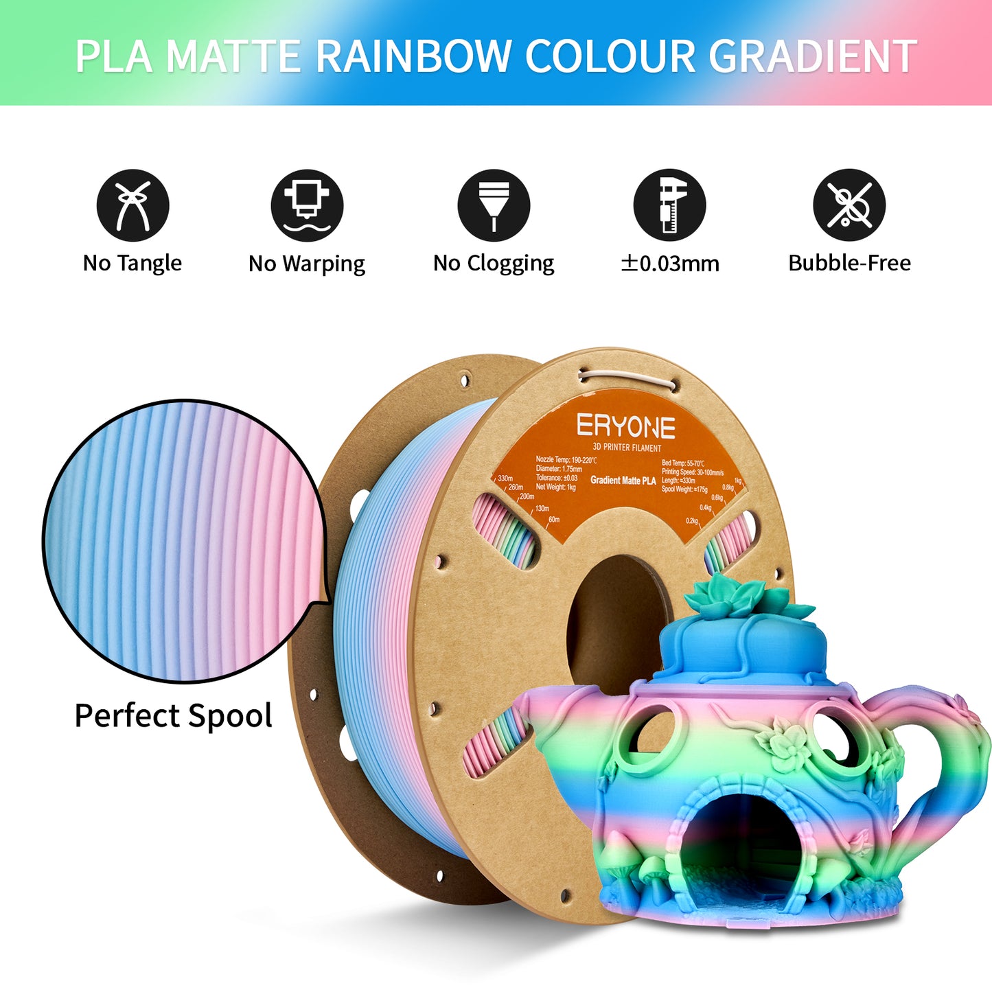 ERYONE Matte Gradient PLA 1KG 1.75mm 3D Filament - Fairytale Pink & Green & Blue