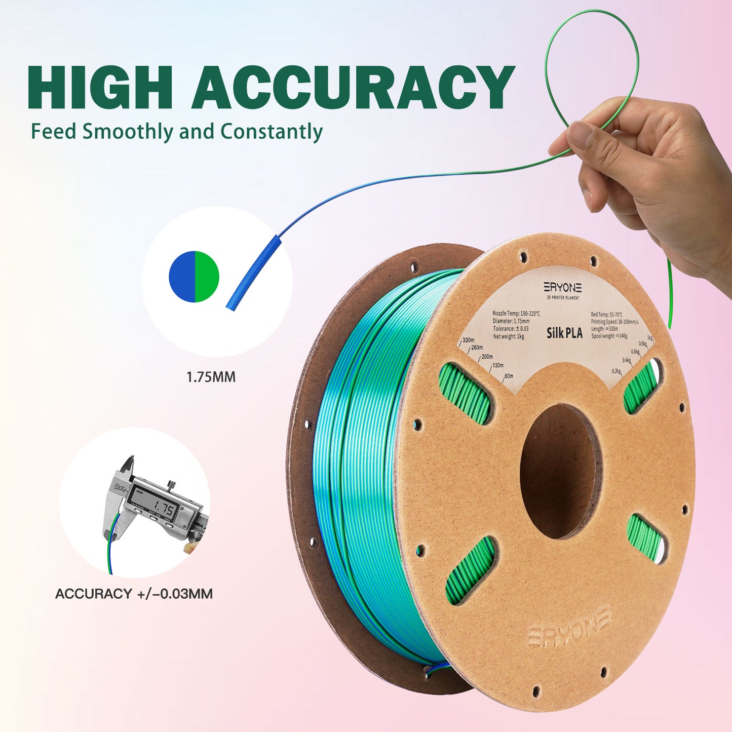 ERYONE Silk PLA Dual Color 1KG 1.75mm 3D Filament - Blue & Green