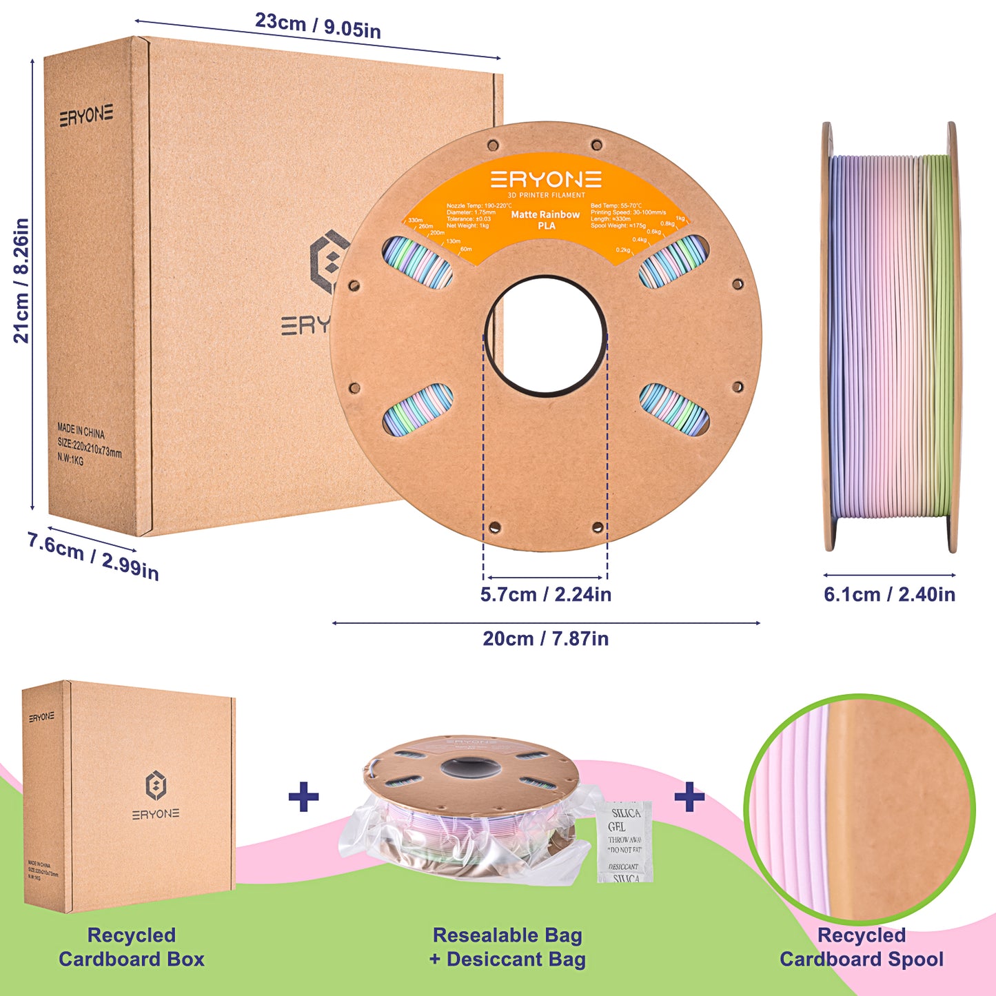 ERYONE Matte Rainbow PLA 1KG 1.75mm 3D Filament - Watercolor