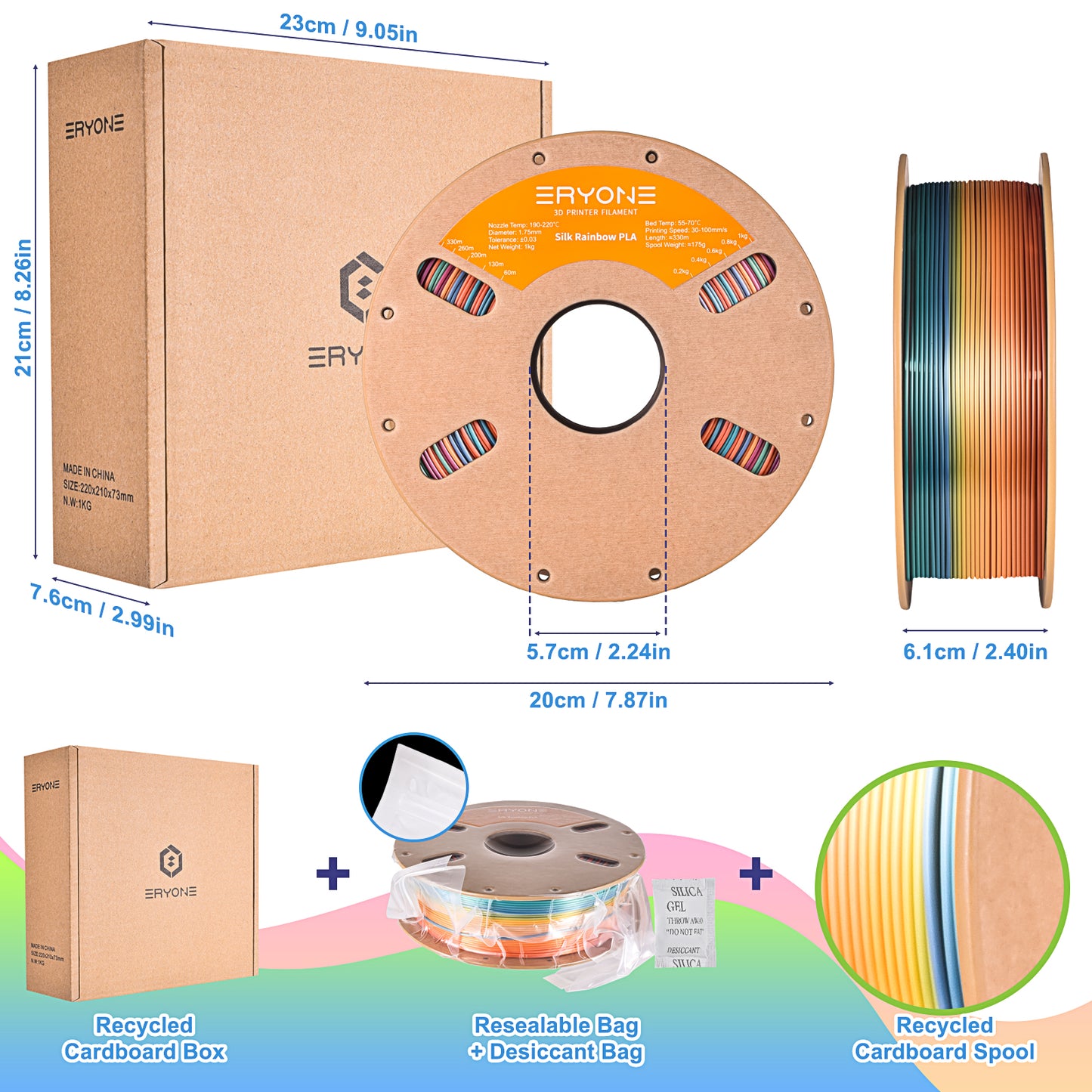 ERYONE Silk Rainbow PLA 1KG 1.75mm 3D Filament - Vibrant